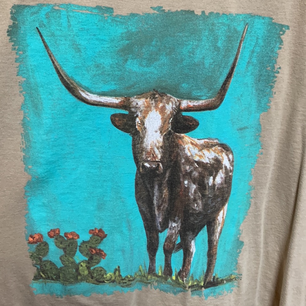 Crazy Train Beige Short Sleeve Tee with Turquoise Longhorn Graphic - Picture 2 of 2